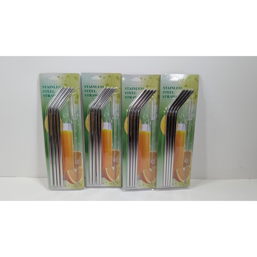 4 Set Of Reusable High Quality 4-pcs Stainless Steel Straws with Cleaning Brush